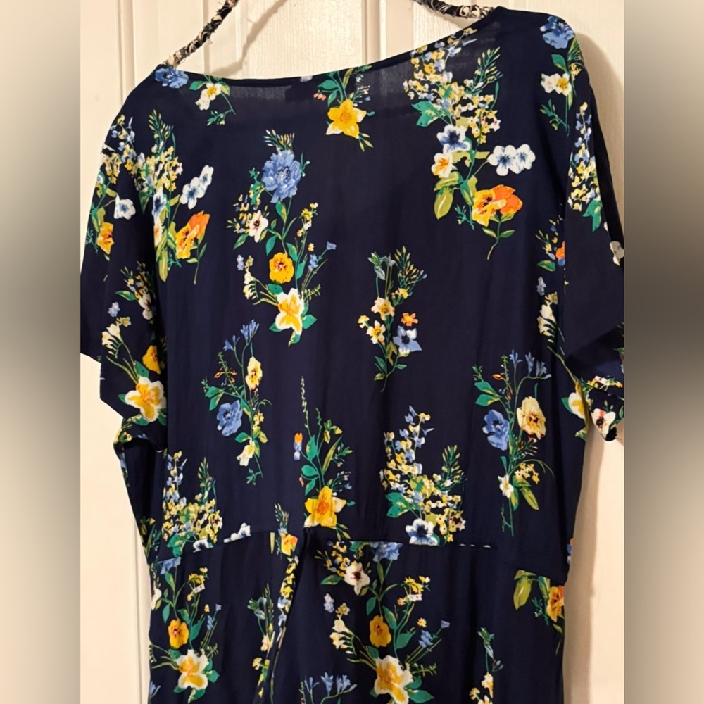 🎒BTS SALE📚 La Cera Navy Floral Button Front Midi Dress Pockets, 100% Rayon, XL - Picture 7 of 9